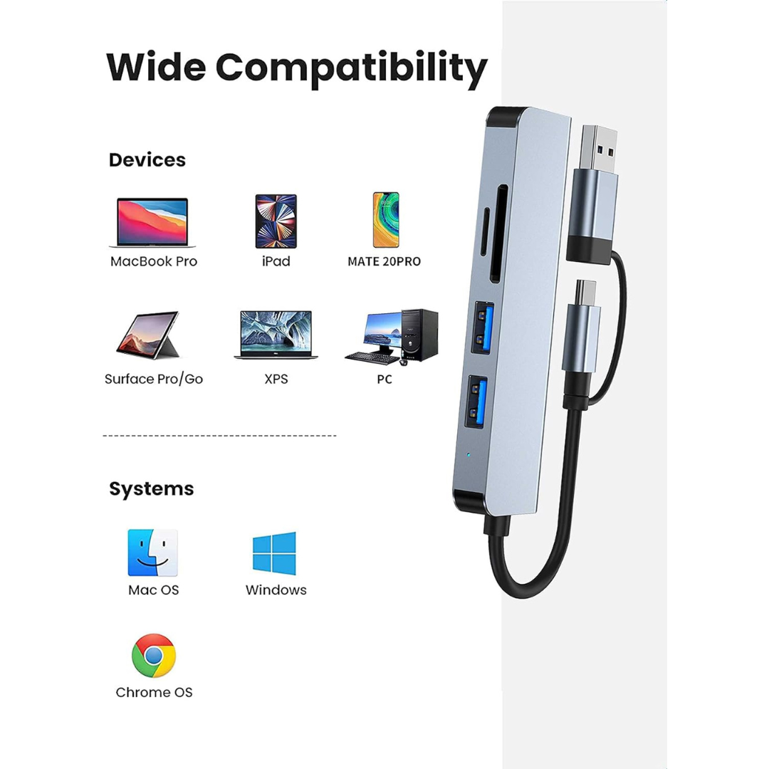 ADAPTADOR 5 EN 1 USB 3.0 (1)/ USB 2.0 (3)/ SD/ TF BYL-2103TU
