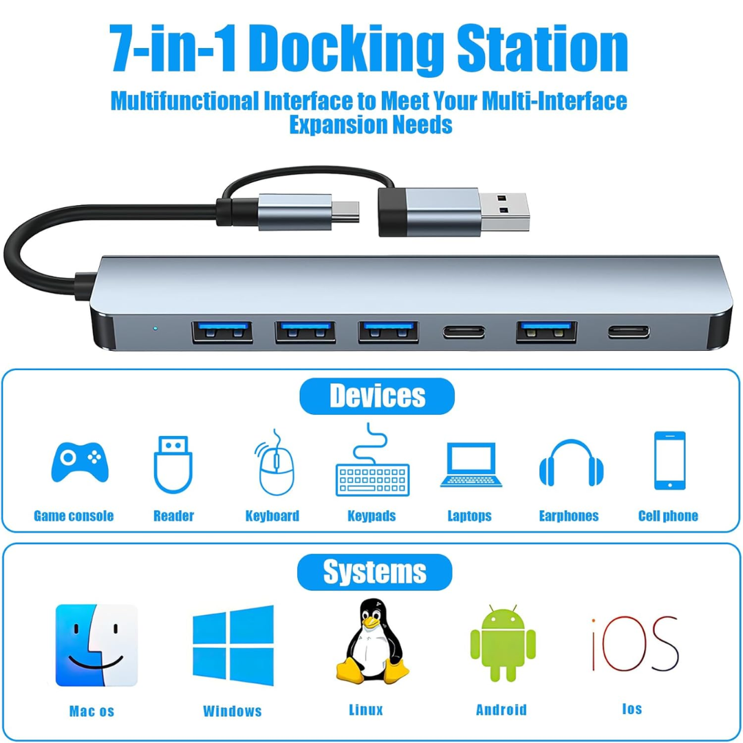 ADAPTADOR 7 EN 1 USB 3.0 (1)/ USB 2.0 (4)/ USB TIPO-C (2) BYL-2217TU