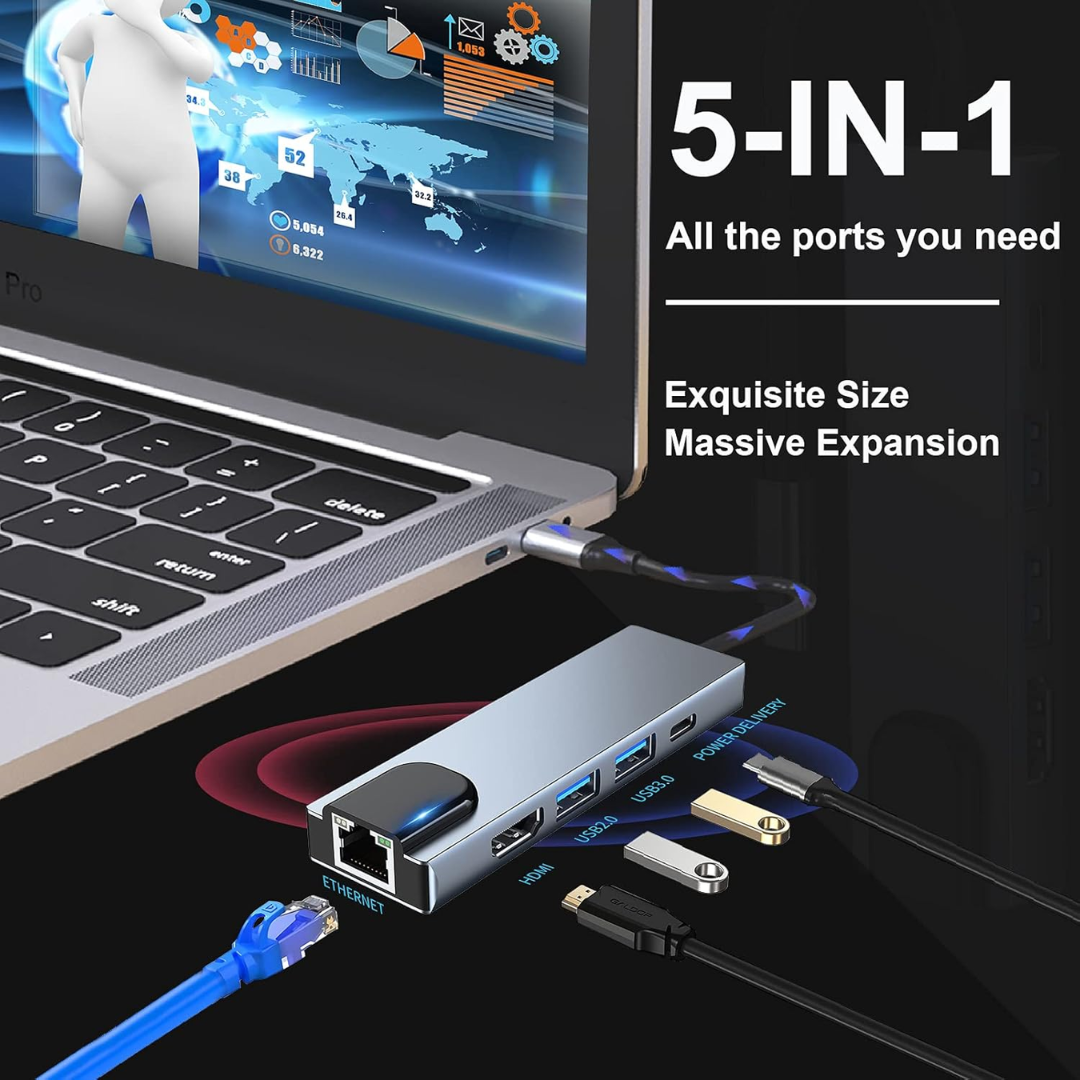 ADAPTADOR 5 EN 1 HDMI/ USB 3.0 (2)/ USB TIPO-C (1)/ RJ45 (1000MB) BYL-2007