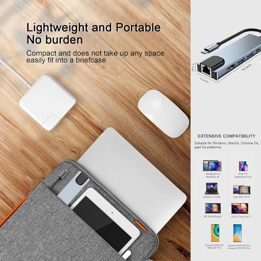 ADAPTADOR 5 EN 1 HDMI/ USB 3.0 (2)/ USB TIPO-C (1)/ RJ45 (1000MB) BYL-2007
