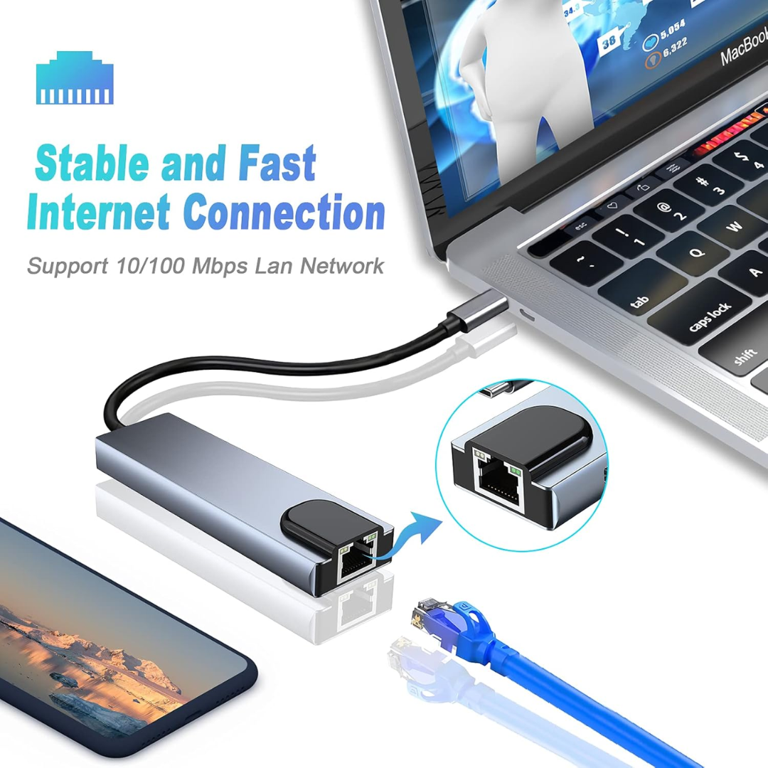 ADAPTADOR 5 EN 1 HDMI/ USB 3.0 (2)/ USB TIPO-C (1)/ RJ45 (1000MB) BYL-2007