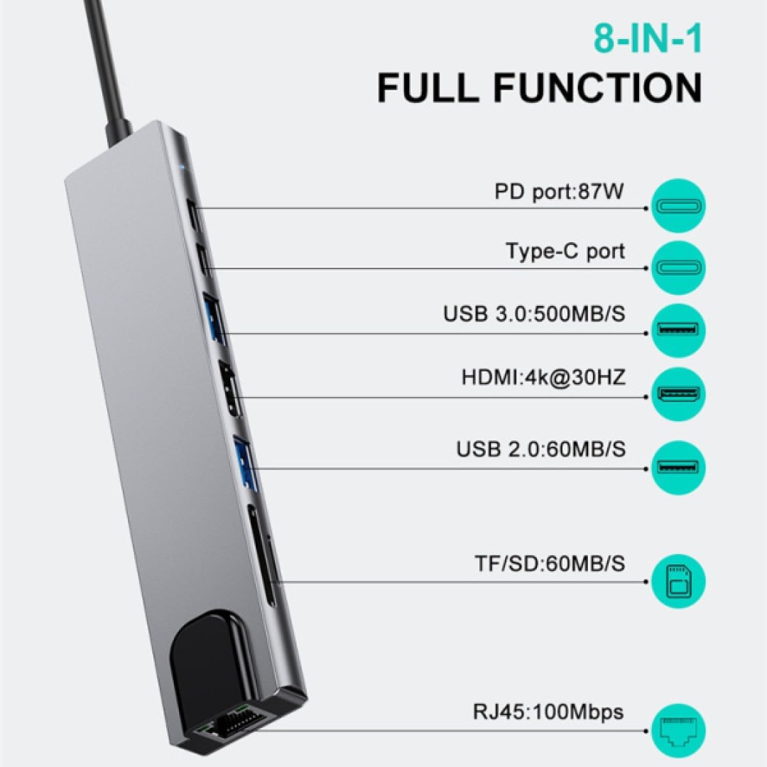 ADAPTADOR 8 EN 1 HDMI 4K/ USB 3.0 (2)/ PD 87W USB TIPO-C/ SD/ TF/ RJ45 BYL-2017L