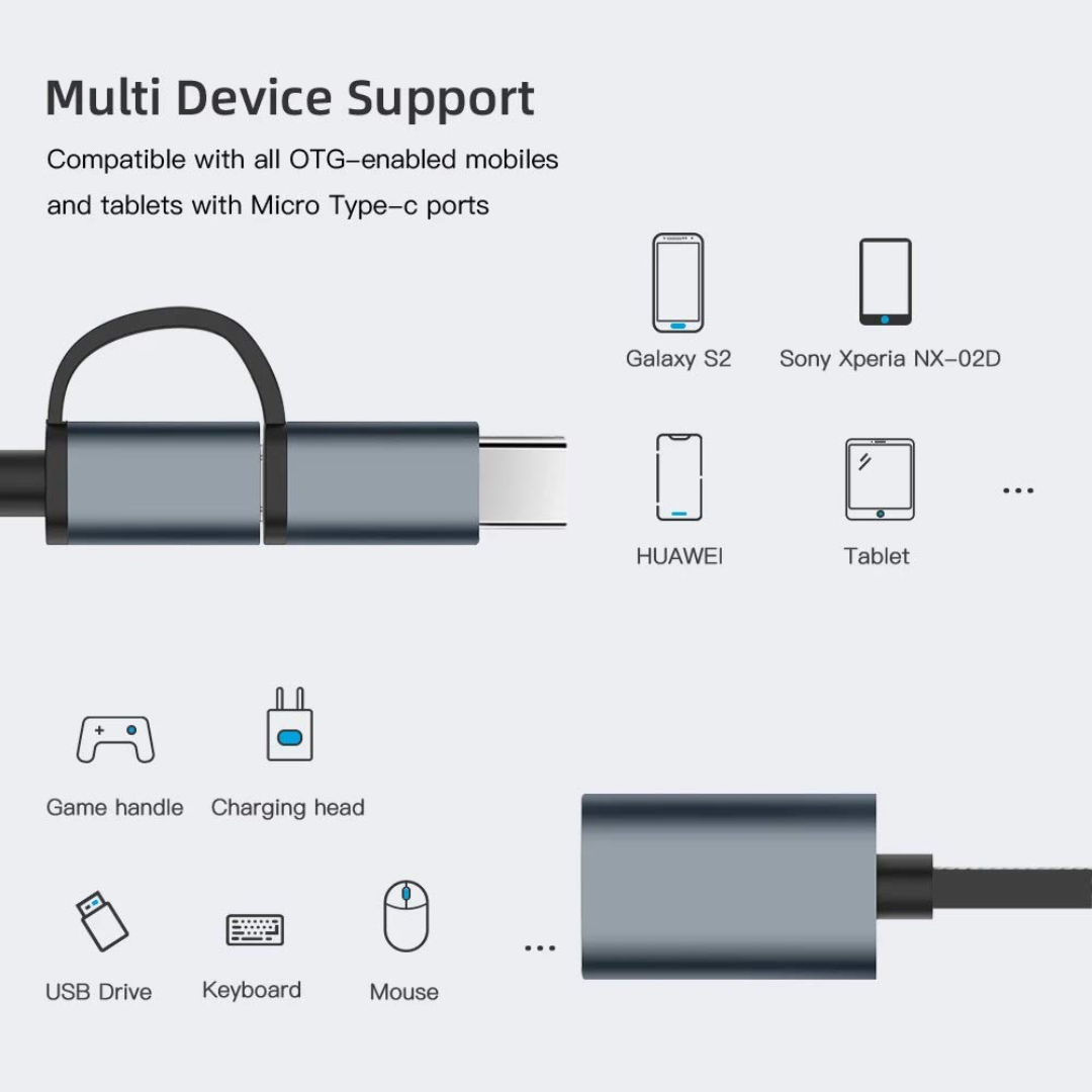 CABLE ADAPTADOR OTG 2 EN 1 USB MICRO Y TIPO-C A USB 2.0 DSY-OTG 9521