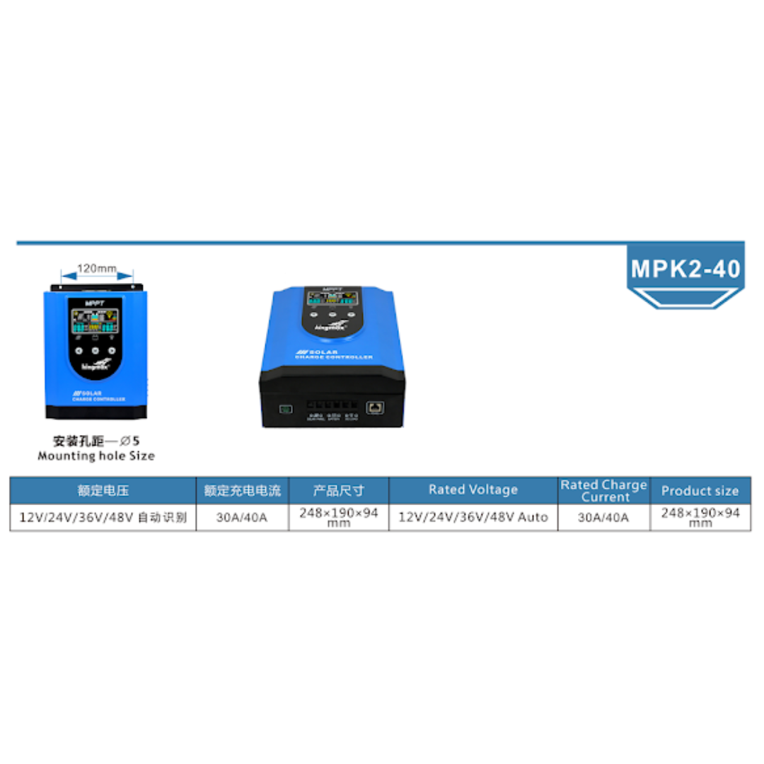 CONTROLADOR DE CARGA SOLAR MPPT 12V/24V/36V/48V AUTO DE 30A/40A MPK2-40